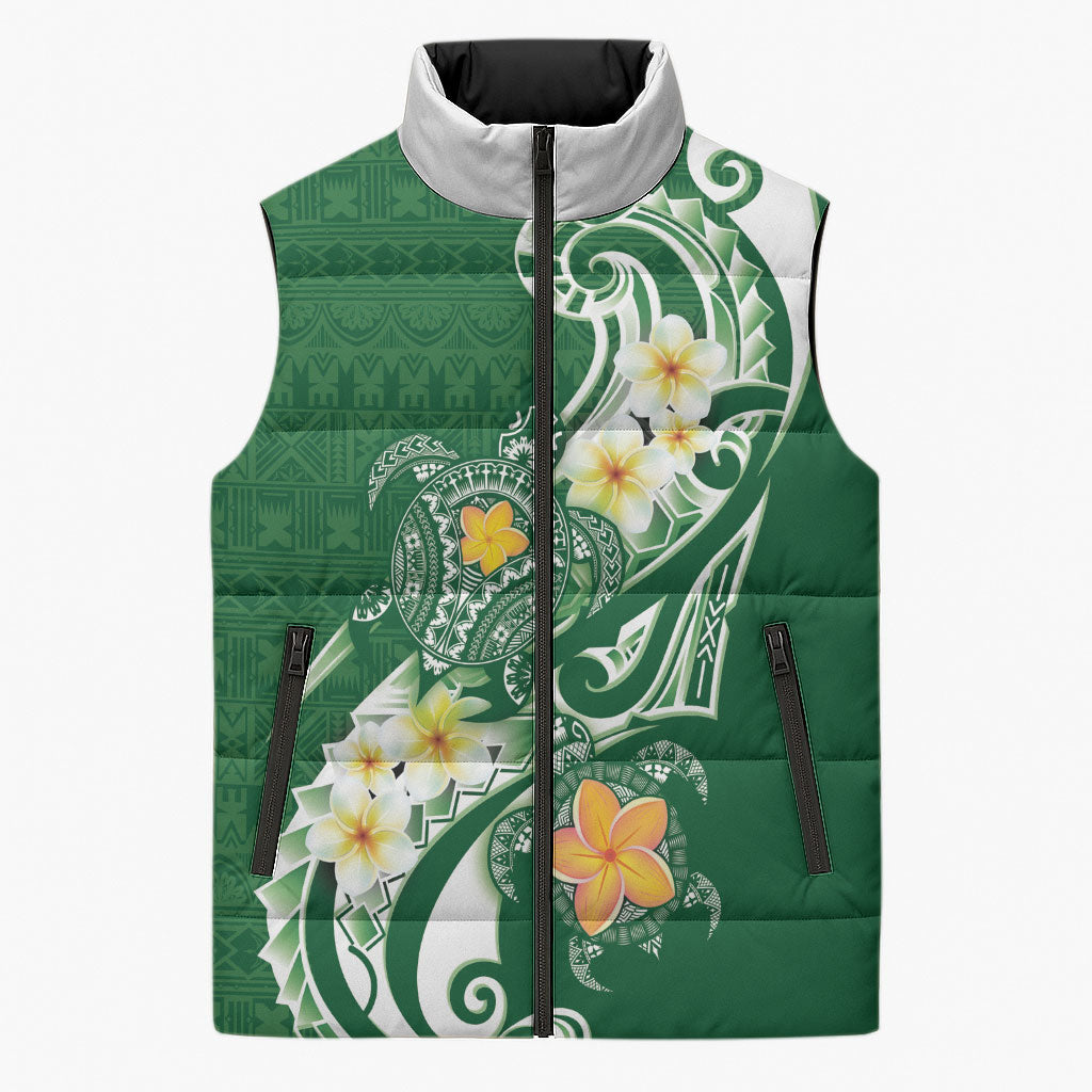 Bula Fiji Tapa Turtle Sleeveless Puffer Jacket Plumeria Fijian Masi Vonu Green LT14 Unisex Green - Polynesian Pride