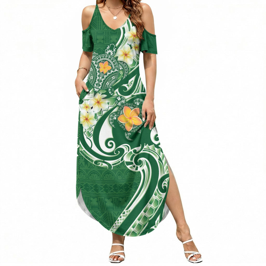 Bula Fiji Tapa Turtle Summer Maxi Dress Plumeria Fijian Masi Vonu Green LT14 Women Green - Polynesian Pride