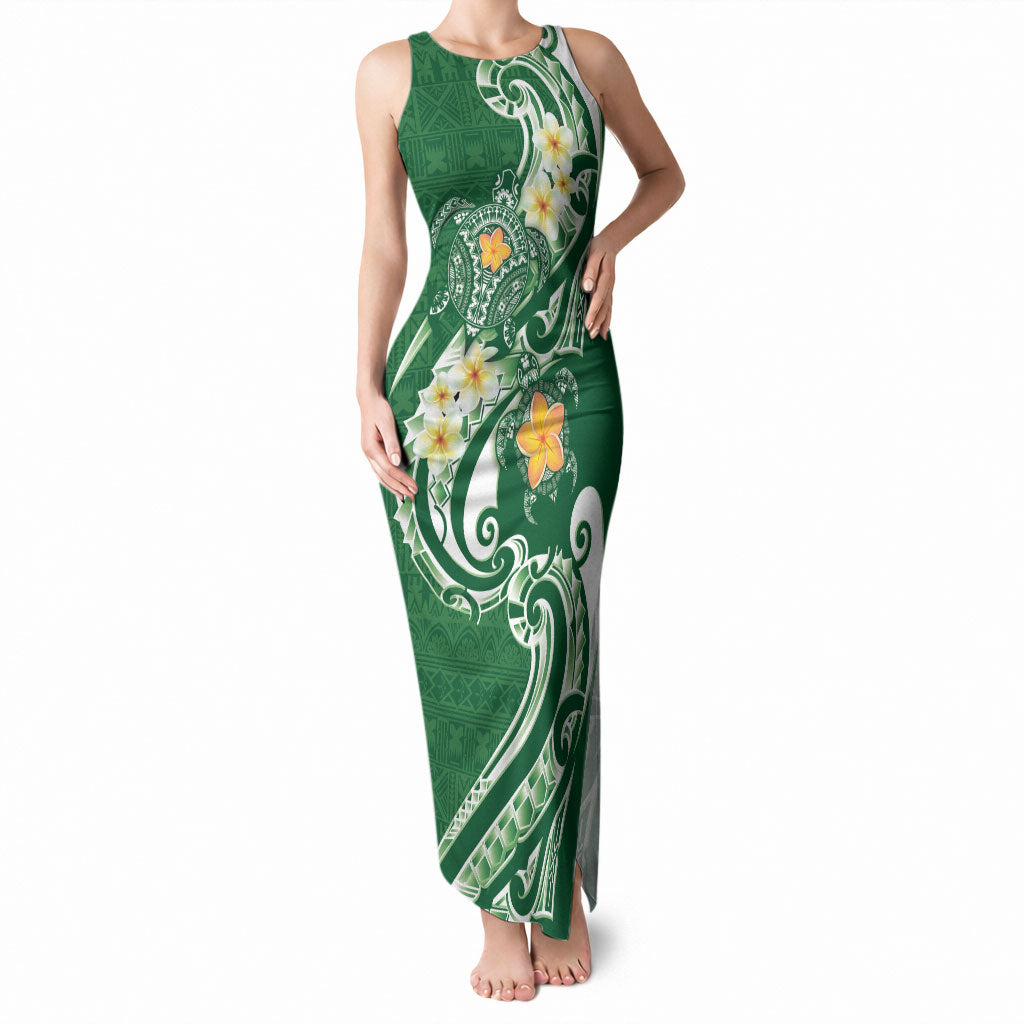 Bula Fiji Tapa Turtle Tank Maxi Dress Plumeria Fijian Masi Vonu Green LT14 Women Green - Polynesian Pride