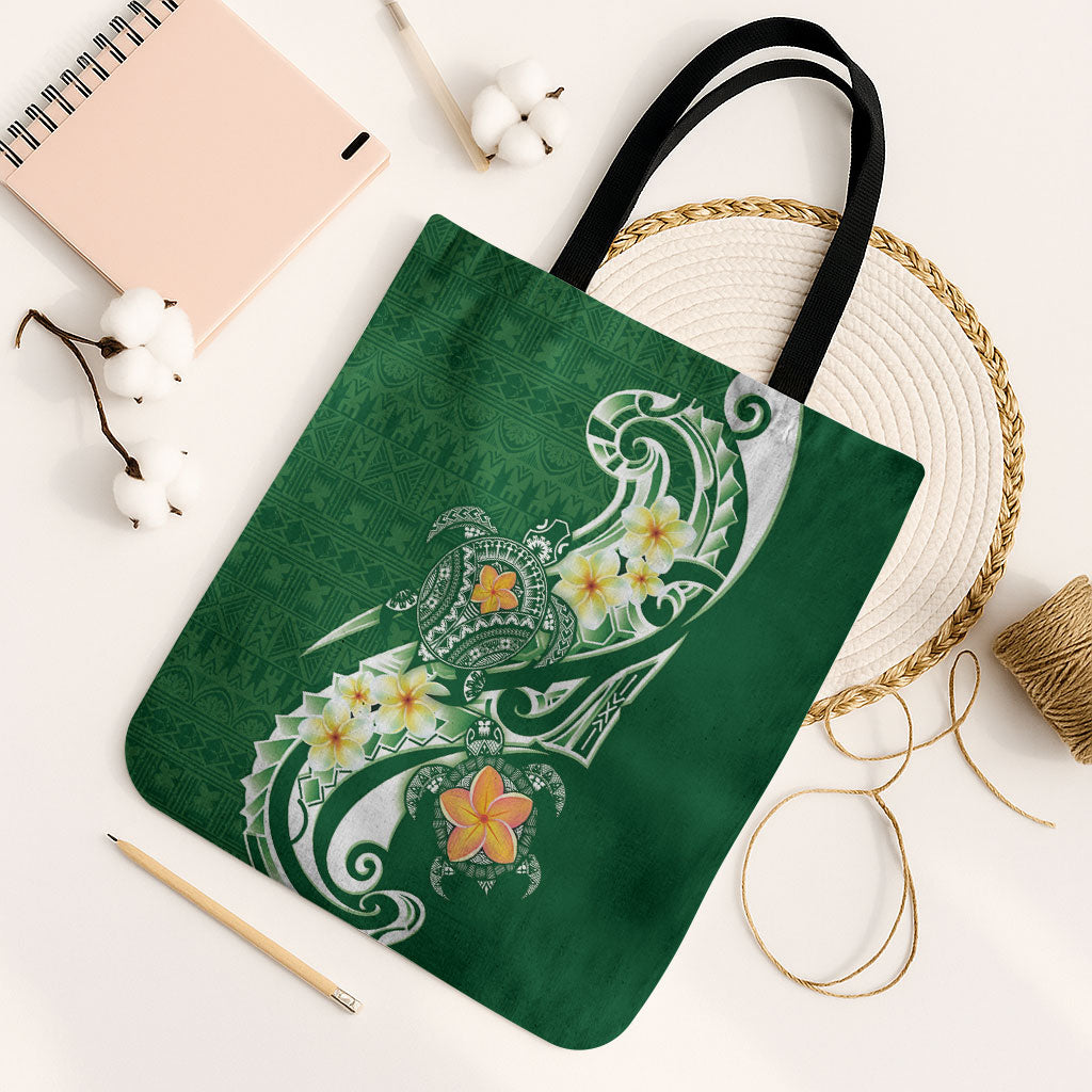 Bula Fiji Tapa Turtle Tote Bag Plumeria Fijian Masi Vonu Green LT14 Black Strap One Size Green - Polynesian Pride