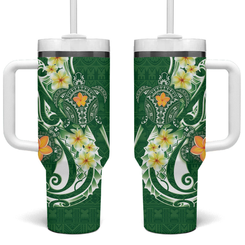 Bula Fiji Tapa Turtle Tumbler With Handle Plumeria Fijian Masi Vonu Green LT14 One Size: 40 oz Green - Polynesian Pride