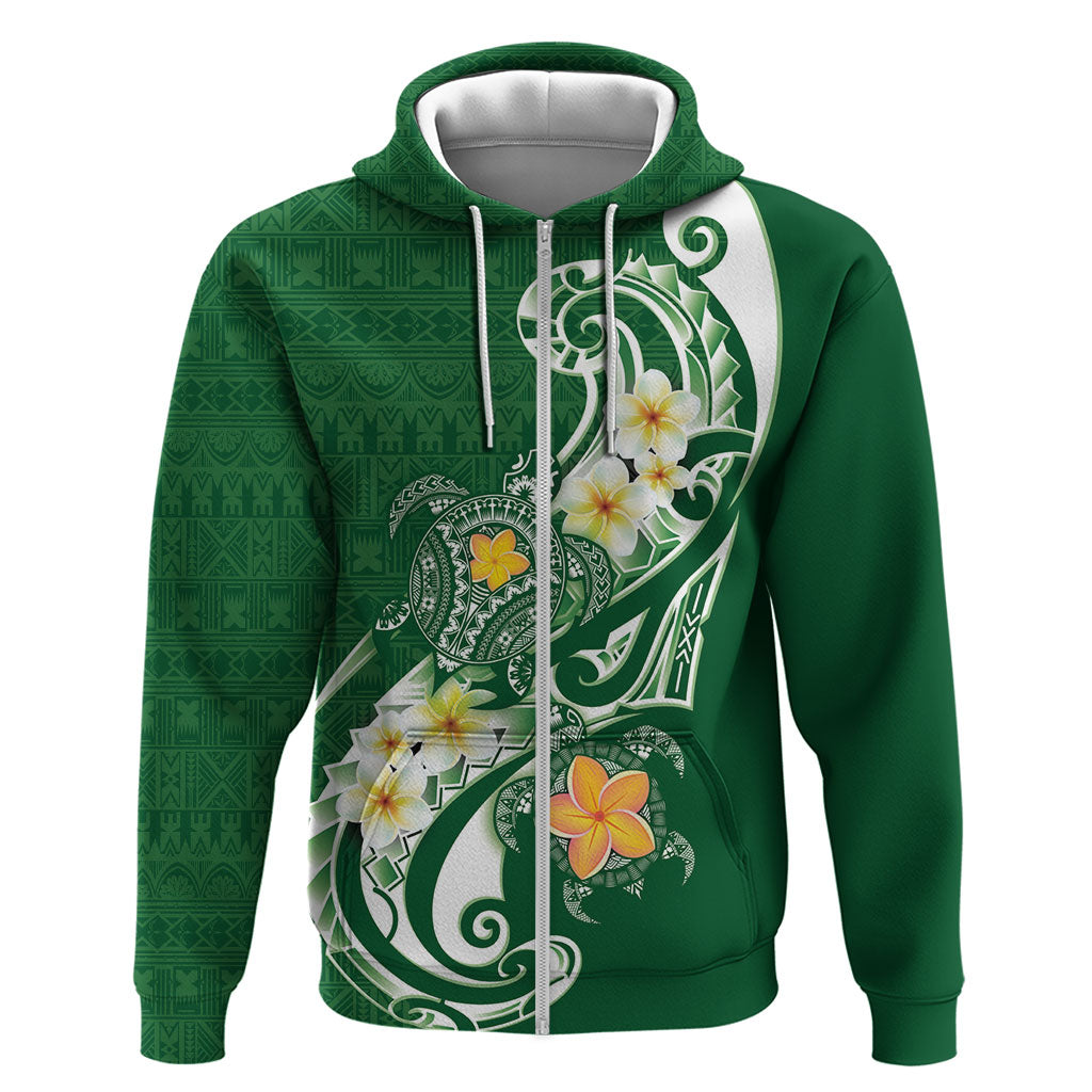 Bula Fiji Tapa Turtle Zip Hoodie Plumeria Fijian Masi Vonu Green LT14 Zip Hoodie Green - Polynesian Pride