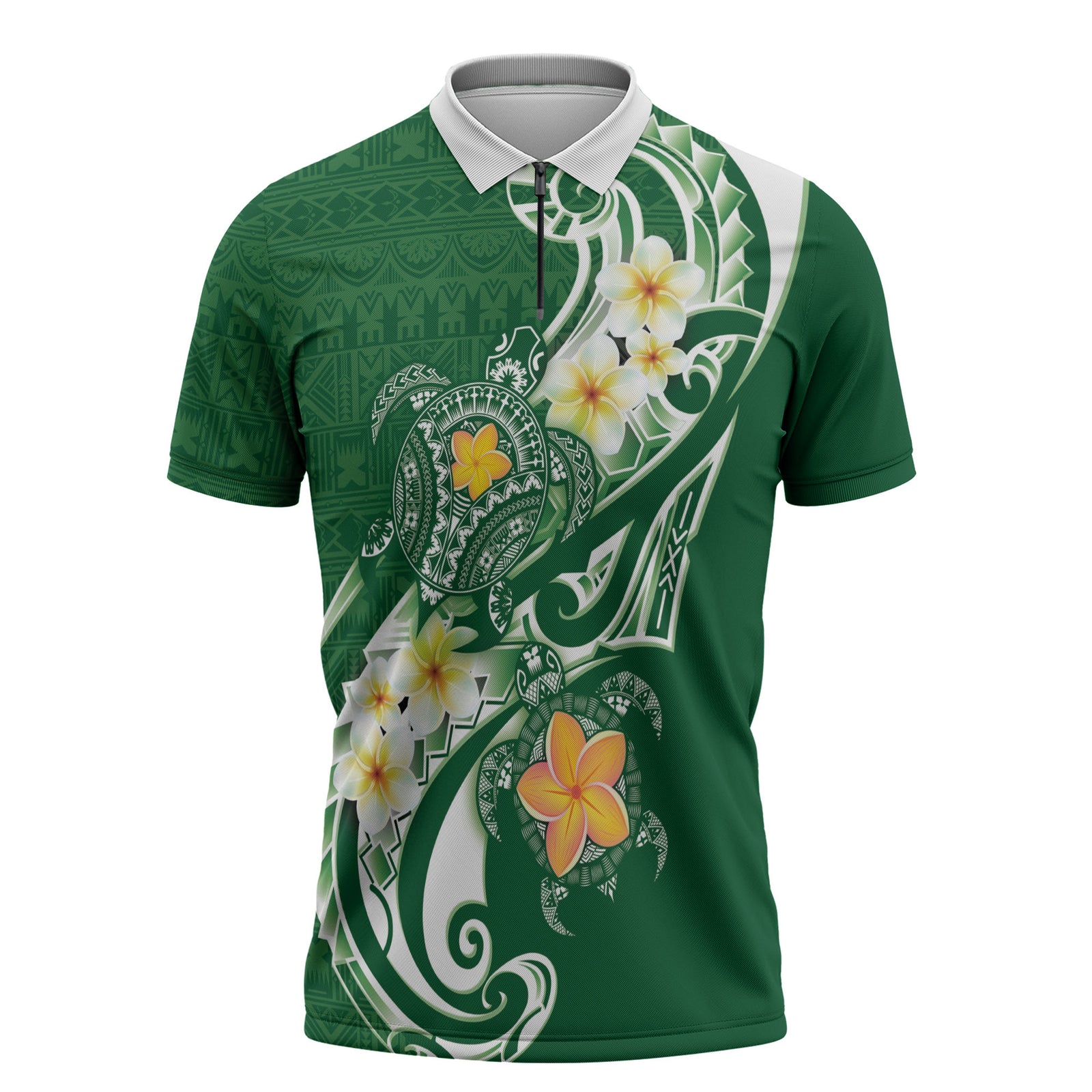 Bula Fiji Tapa Turtle Zipper Polo Shirt Plumeria Fijian Masi Vonu Green LT14 Green - Polynesian Pride