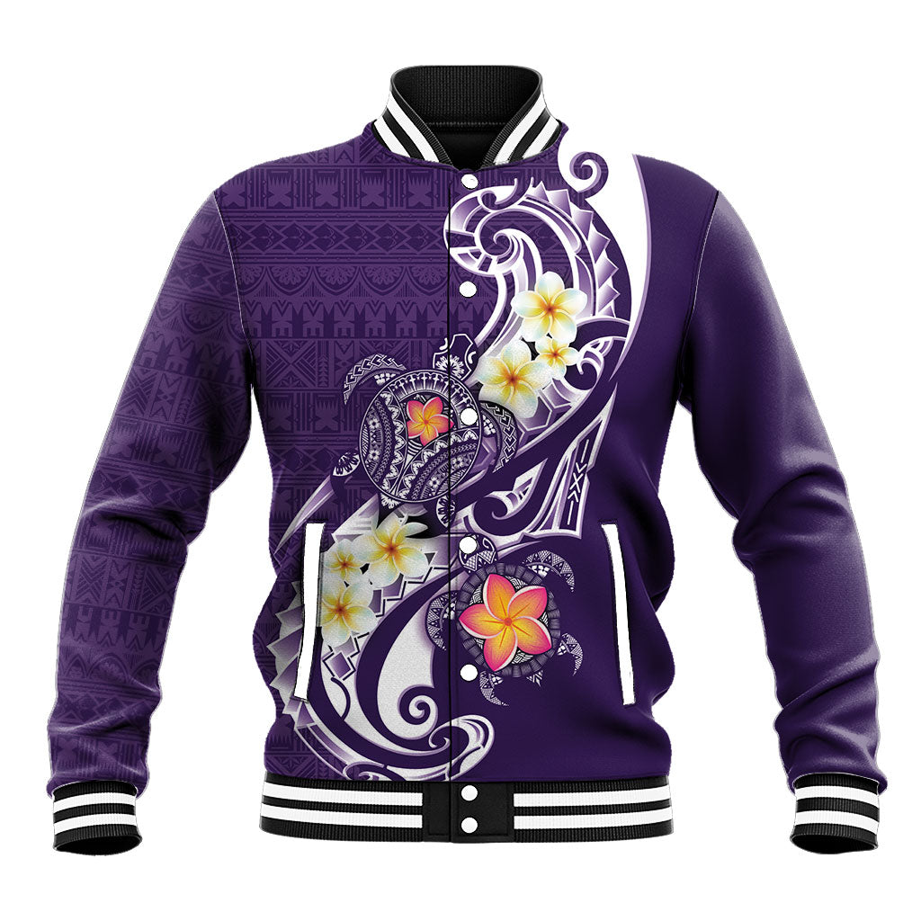 Bula Fiji Tapa Turtle Baseball Jacket Plumeria Fijian Masi Vonu Purple LT14 Unisex Purple - Polynesian Pride