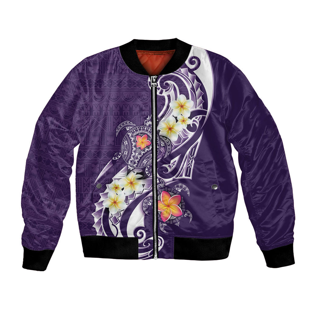 Bula Fiji Tapa Turtle Bomber Jacket Plumeria Fijian Masi Vonu Purple LT14 Unisex Purple - Polynesian Pride