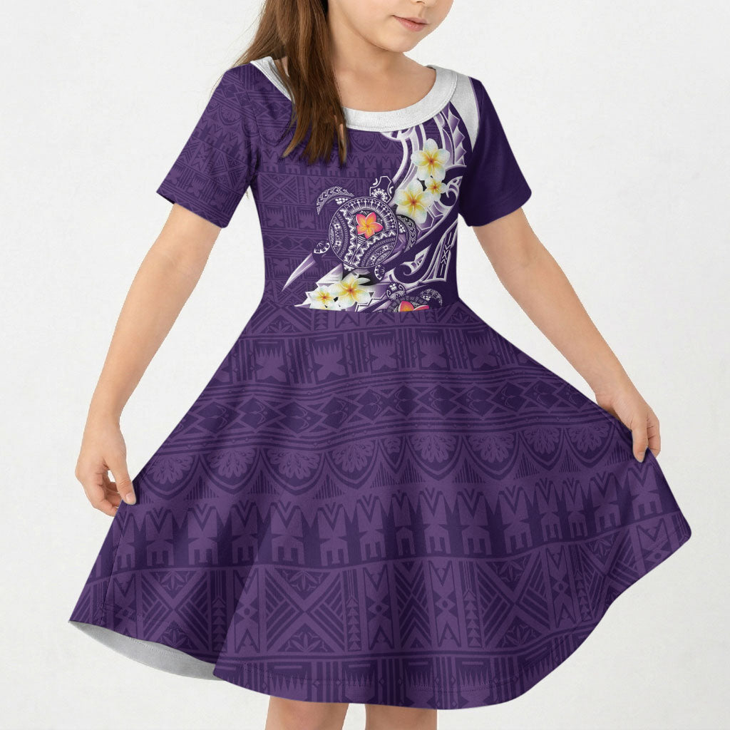 Bula Fiji Tapa Turtle Kid Short Sleeve Dress Plumeria Fijian Masi Vonu Purple LT14 KID Purple - Polynesian Pride