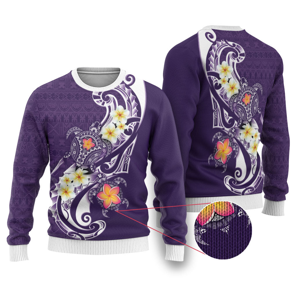 Bula Fiji Tapa Turtle Ugly Christmas Sweater Plumeria Fijian Masi Vonu Purple LT14 Purple - Polynesian Pride
