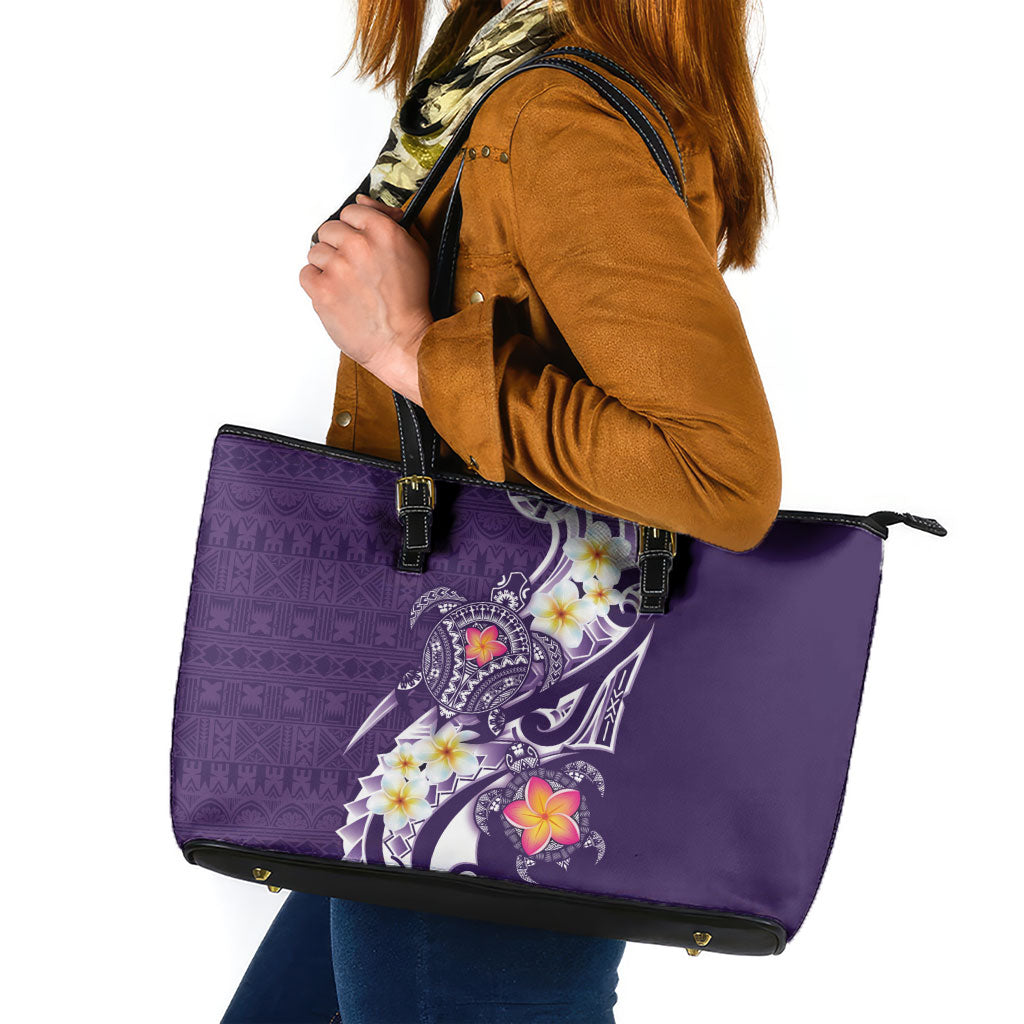 Bula Fiji Tapa Turtle Leather Tote Bag Plumeria Fijian Masi Vonu Purple LT14 Purple - Polynesian Pride