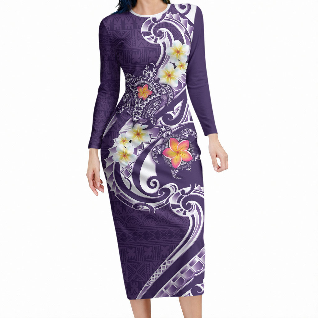Bula Fiji Tapa Turtle Long Sleeve Bodycon Dress Plumeria Fijian Masi Vonu Purple LT14 Long Dress Purple - Polynesian Pride