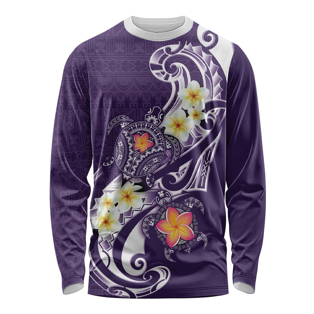 Bula Fiji Tapa Turtle Long Sleeve Shirt Plumeria Fijian Masi Vonu Purple LT14 Unisex Purple - Polynesian Pride