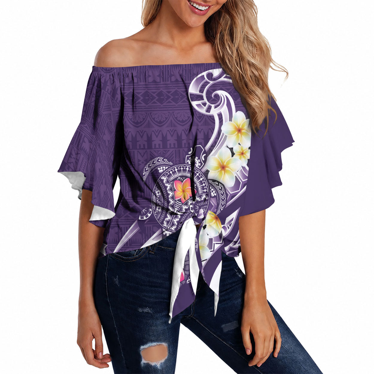 Bula Fiji Tapa Turtle Off Shoulder Wrap Waist Top Plumeria Fijian Masi Vonu Purple LT14 Purple - Polynesian Pride