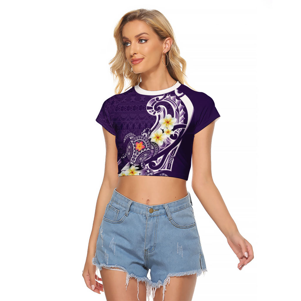 Bula Fiji Tapa Turtle Raglan Cropped T Shirt Plumeria Fijian Masi Vonu Purple LT14 Female Purple - Polynesian Pride