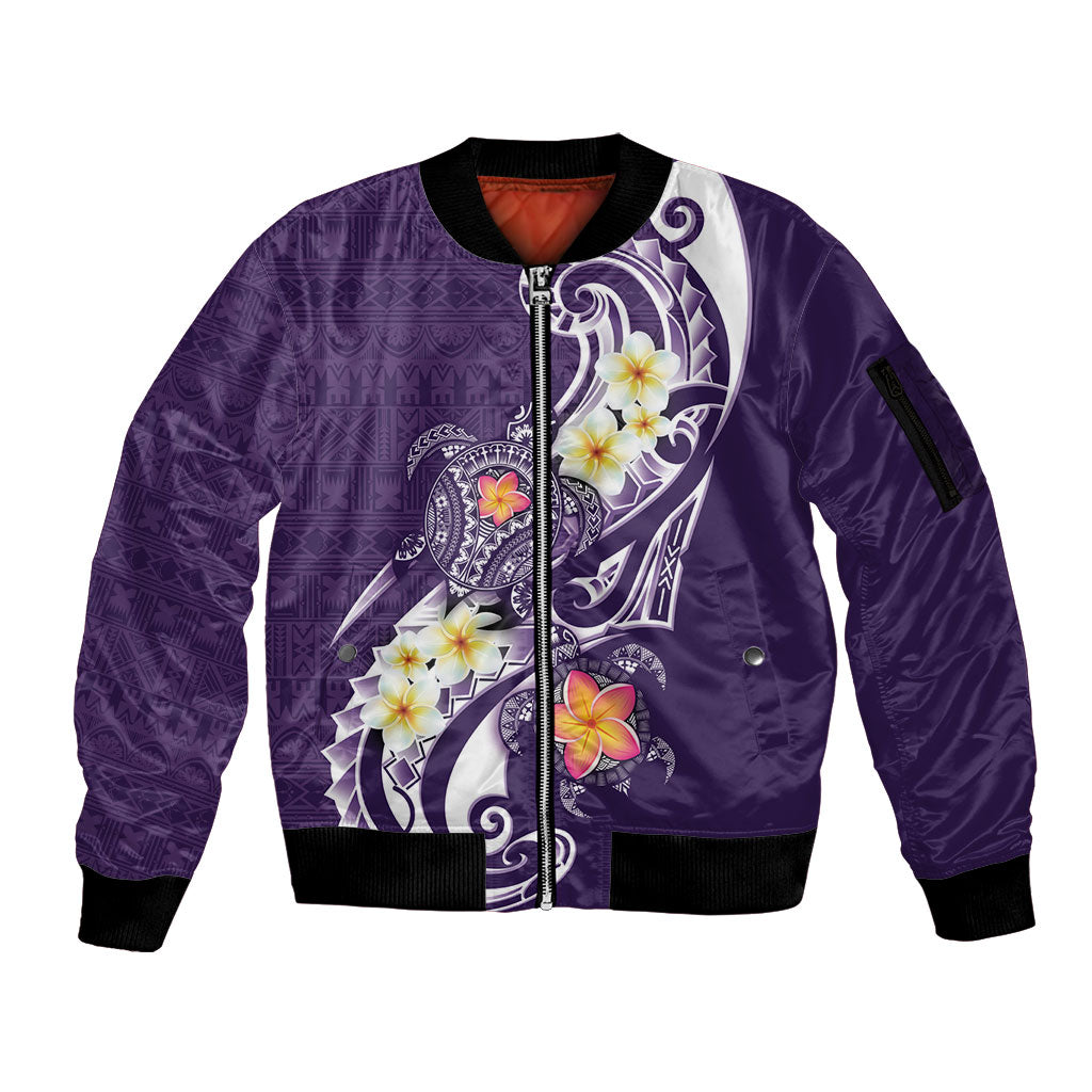 Bula Fiji Tapa Turtle Sleeve Zip Bomber Jacket Plumeria Fijian Masi Vonu Purple LT14 Unisex Purple - Polynesian Pride