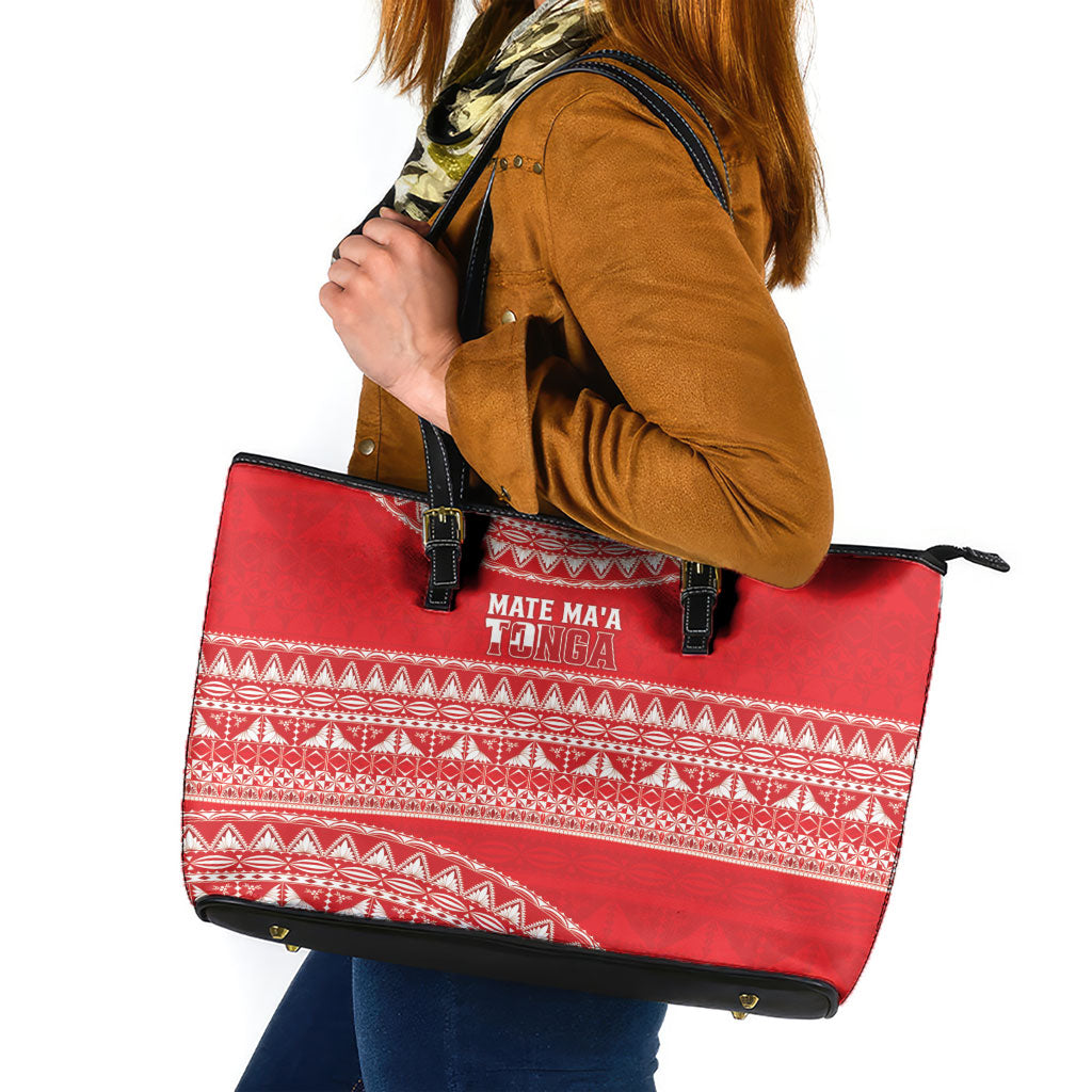 Mate Ma'a Tonga 2026 Rugby Leather Tote Bag Go Champions Tongan Ngatu Pattern LT14 Red - Polynesian Pride