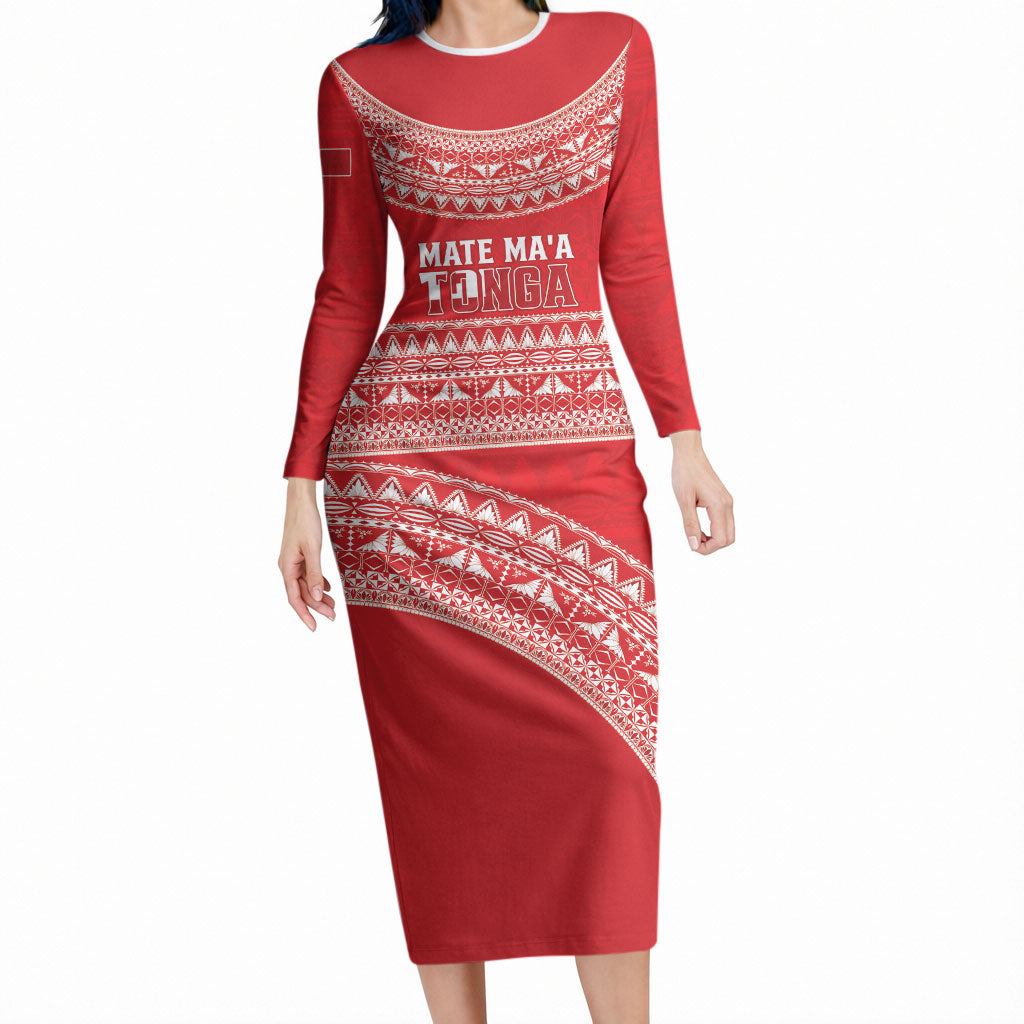 Mate Ma'a Tonga 2026 Rugby Custom Long Sleeve Bodycon Dress Go Champions Tongan Ngatu Pattern LT14 Long Dress Red - Polynesian Pride