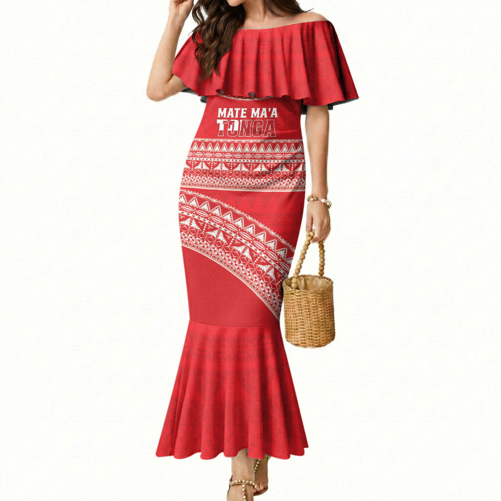 Mate Ma'a Tonga 2026 Rugby Custom Mermaid Dress Go Champions Tongan Ngatu Pattern LT14 Women Red - Polynesian Pride