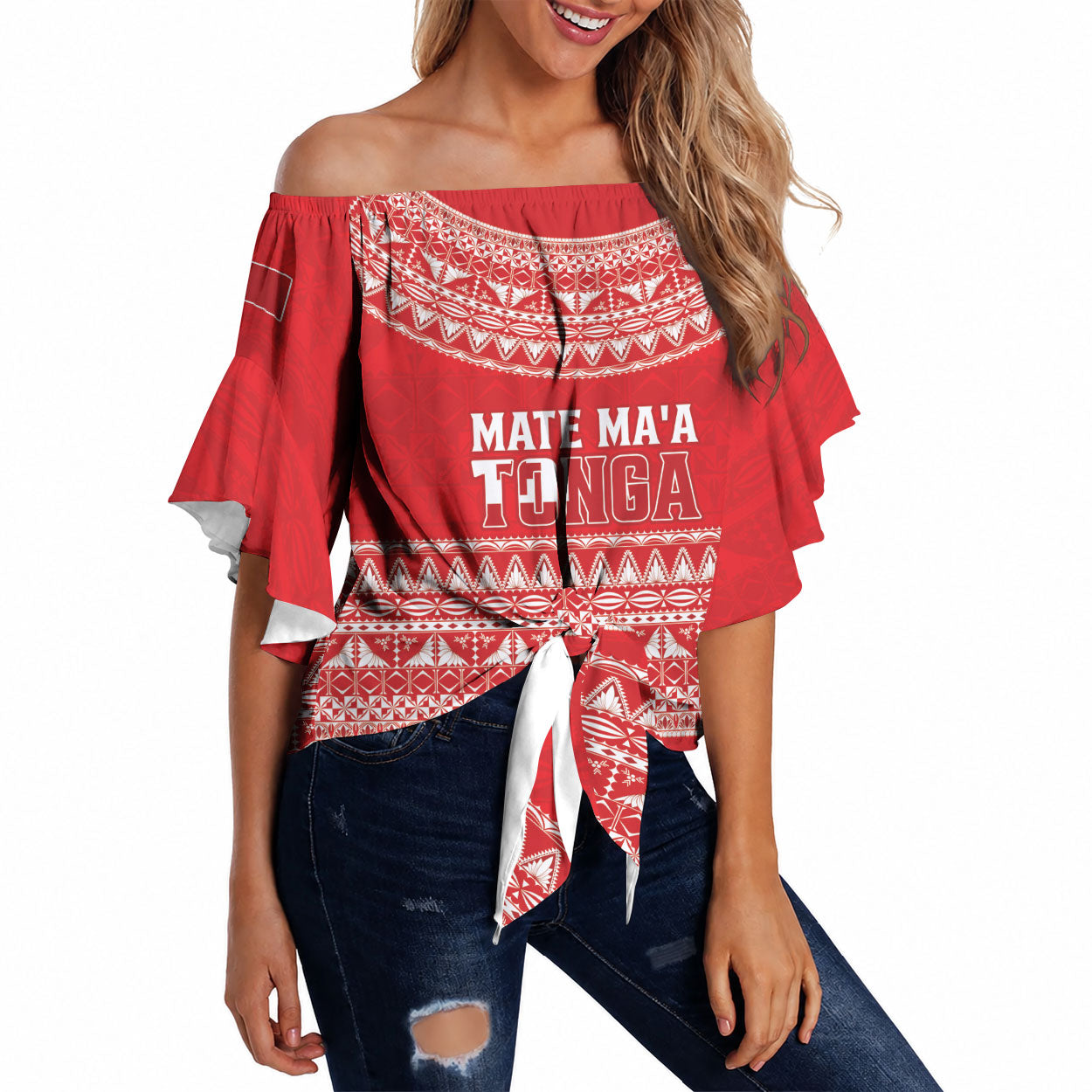 Mate Ma'a Tonga 2026 Rugby Custom Off Shoulder Wrap Waist Top Go Champions Tongan Ngatu Pattern LT14 Red - Polynesian Pride