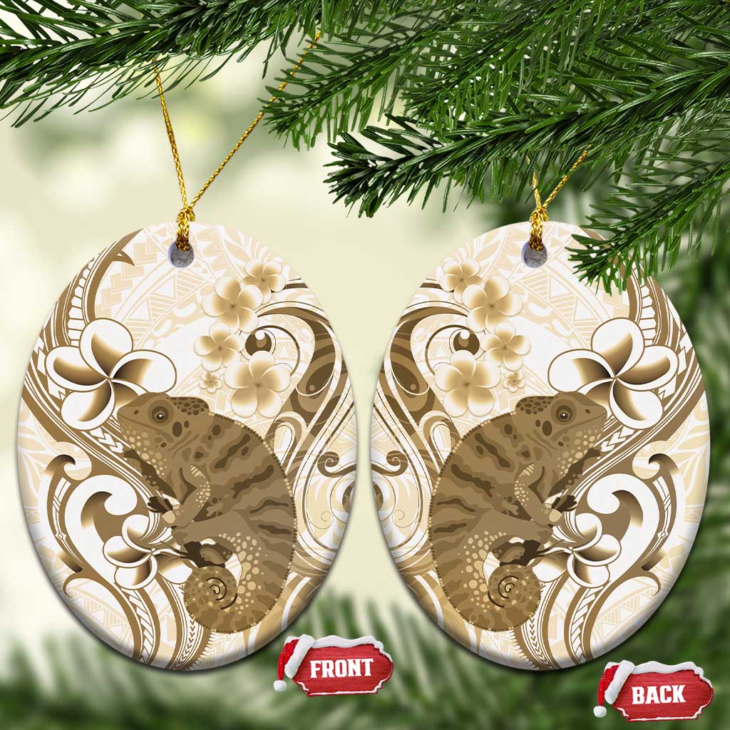 Brown And White Hawaii Chameleon Ceramic Ornament Plumeria Polynesian Tribal Art LT14 Oval Brown - Polynesian Pride