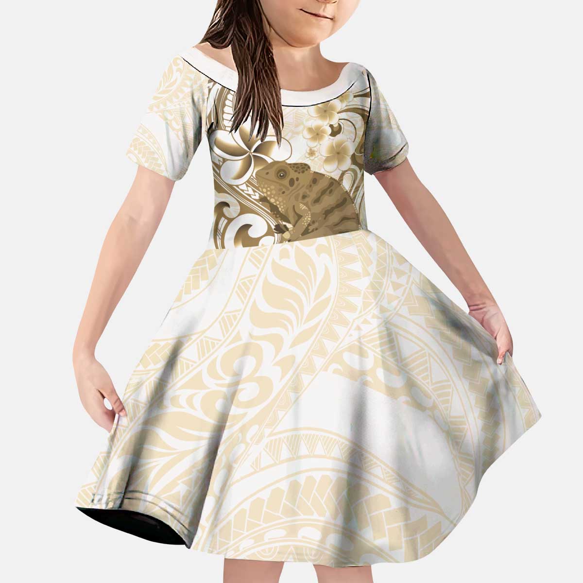 Brown And White Hawaii Chameleon Kid Short Sleeve Dress Plumeria Polynesian Tribal Art LT14 KID Brown - Polynesian Pride