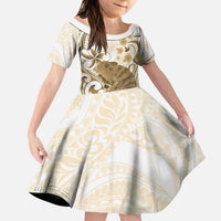 Brown And White Hawaii Chameleon Kid Short Sleeve Dress Plumeria Polynesian Tribal Art LT14 KID Brown - Polynesian Pride