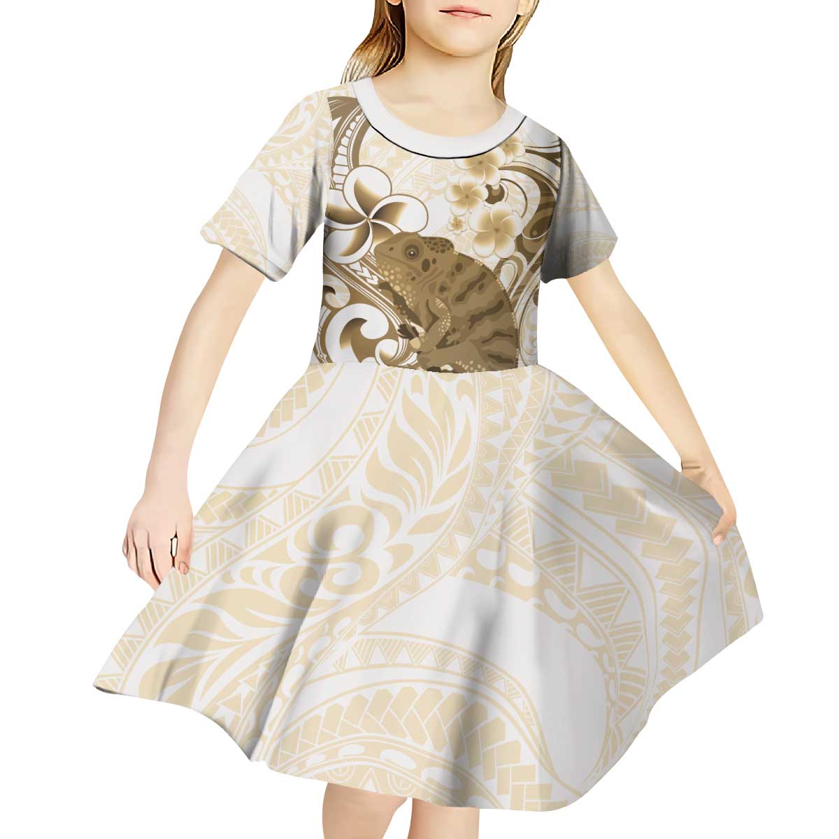 Brown And White Hawaii Chameleon Kid Short Sleeve Dress Plumeria Polynesian Tribal Art LT14 - Polynesian Pride