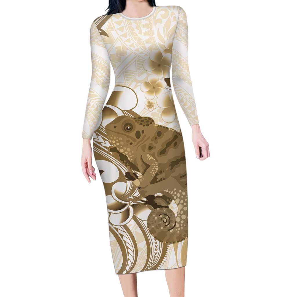 Brown And White Hawaii Chameleon Long Sleeve Bodycon Dress Plumeria Polynesian Tribal Art LT14 Long Dress Brown - Polynesian Pride