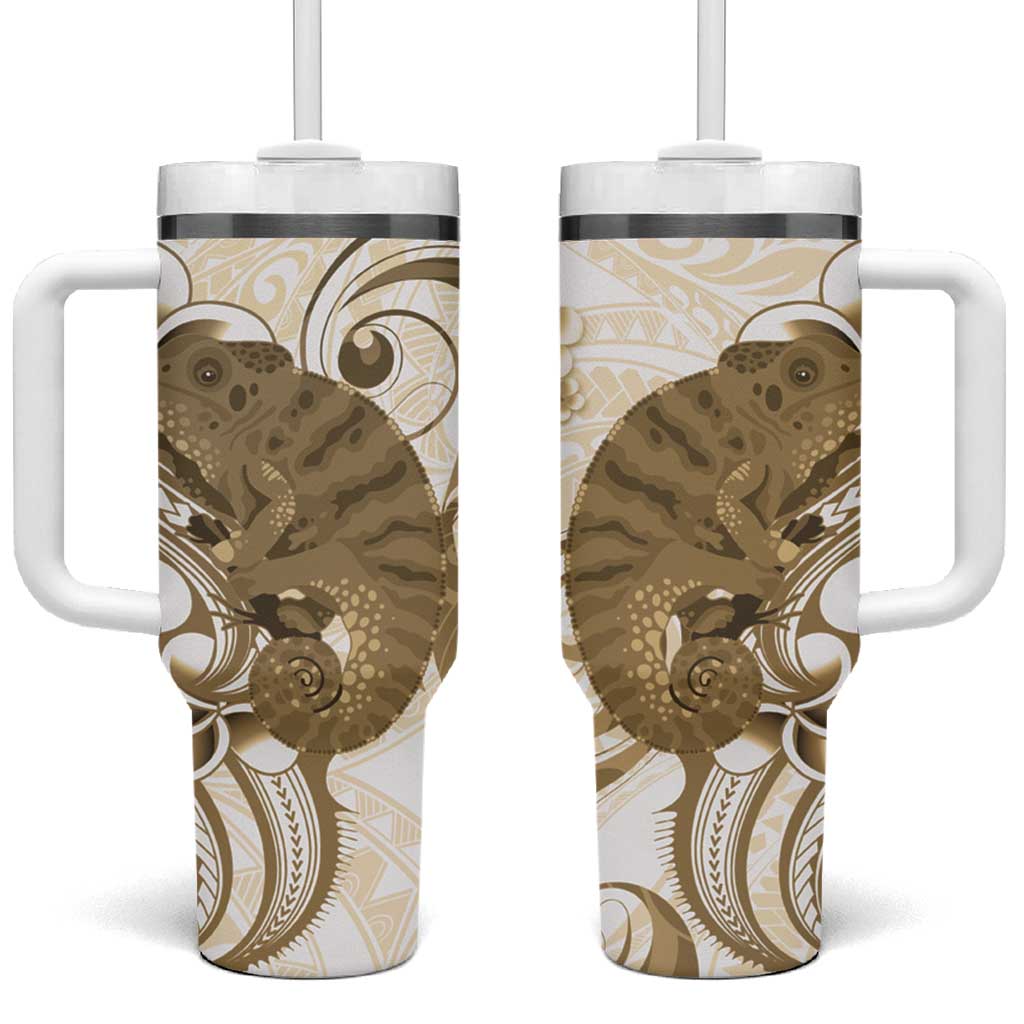 Brown And White Hawaii Chameleon Tumbler With Handle Plumeria Polynesian Tribal Art LT14 One Size: 40 oz Brown - Polynesian Pride