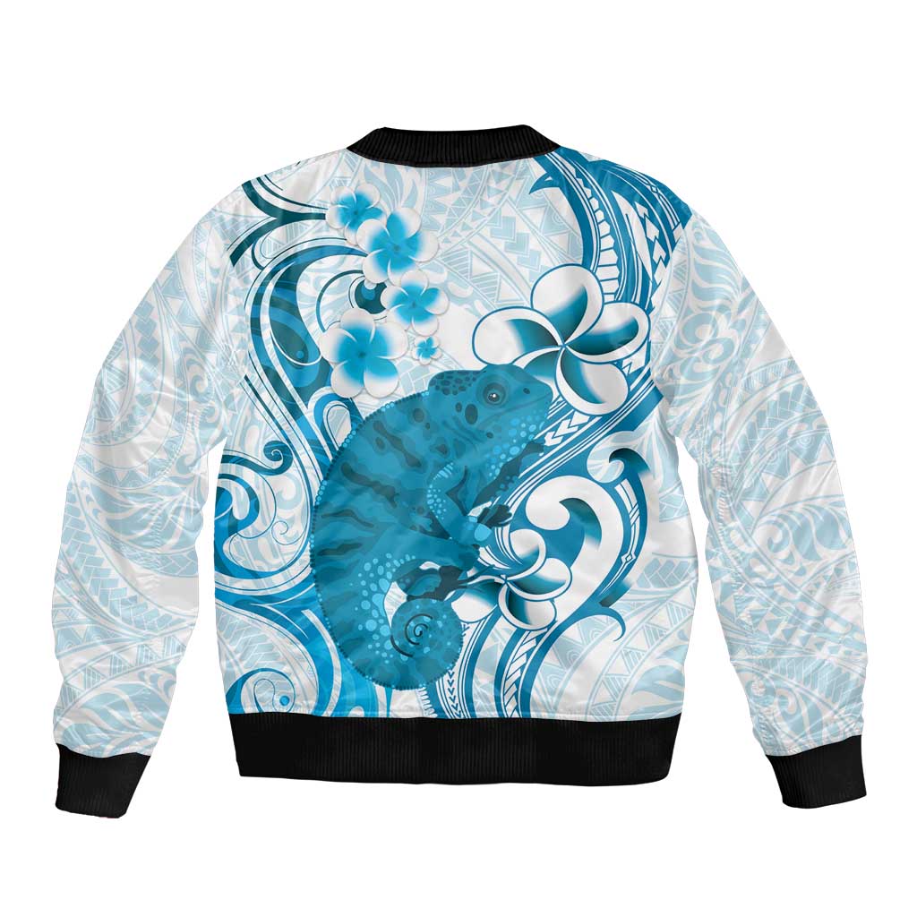 Cyan And White Hawaii Chameleon Bomber Jacket Plumeria Polynesian Tribal Art LT14 - Polynesian Pride