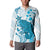 Cyan And White Hawaii Chameleon Button Sweatshirt Plumeria Polynesian Tribal Art