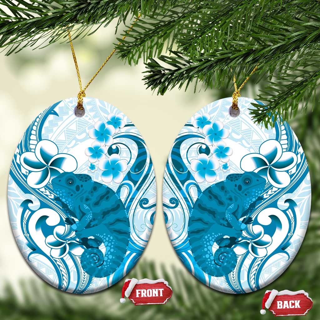 Cyan And White Hawaii Chameleon Ceramic Ornament Plumeria Polynesian Tribal Art LT14 Oval Cyan - Polynesian Pride