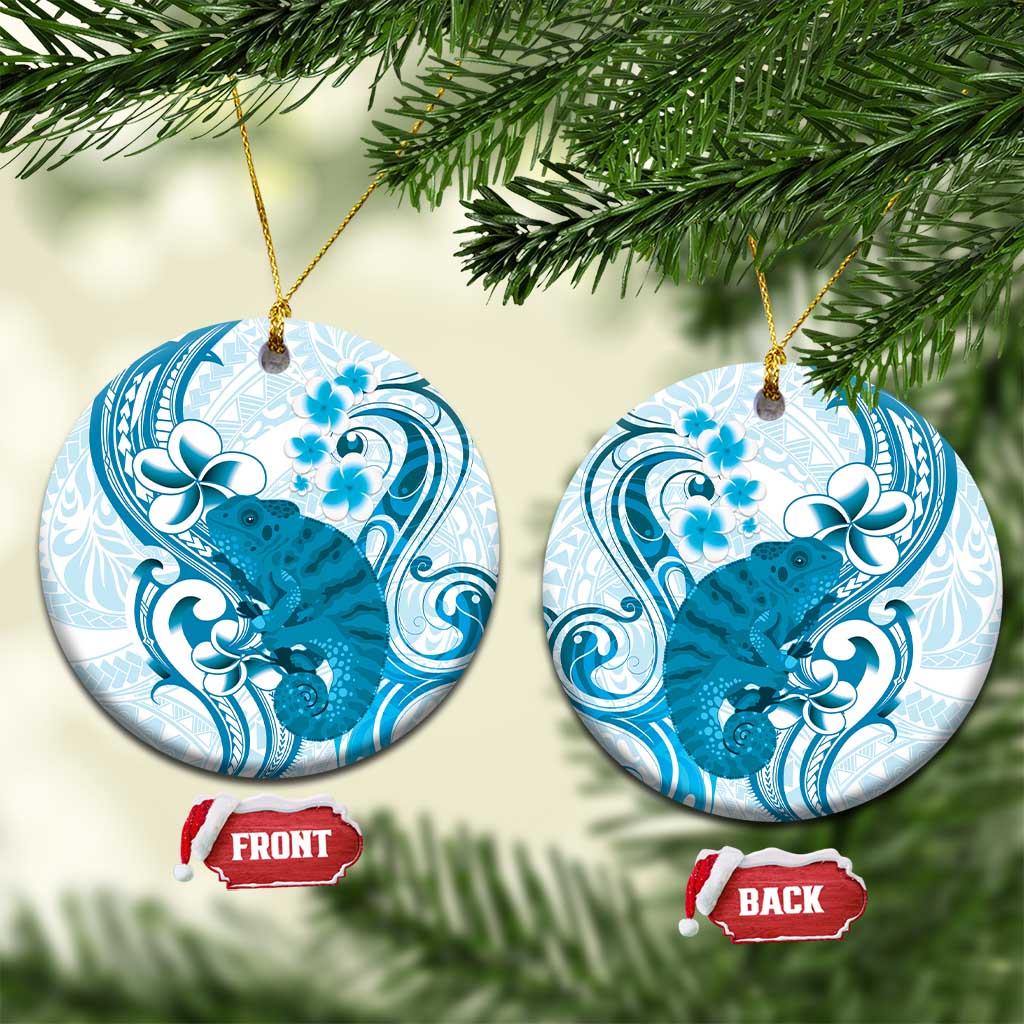 Cyan And White Hawaii Chameleon Ceramic Ornament Plumeria Polynesian Tribal Art LT14 Circle Cyan - Polynesian Pride