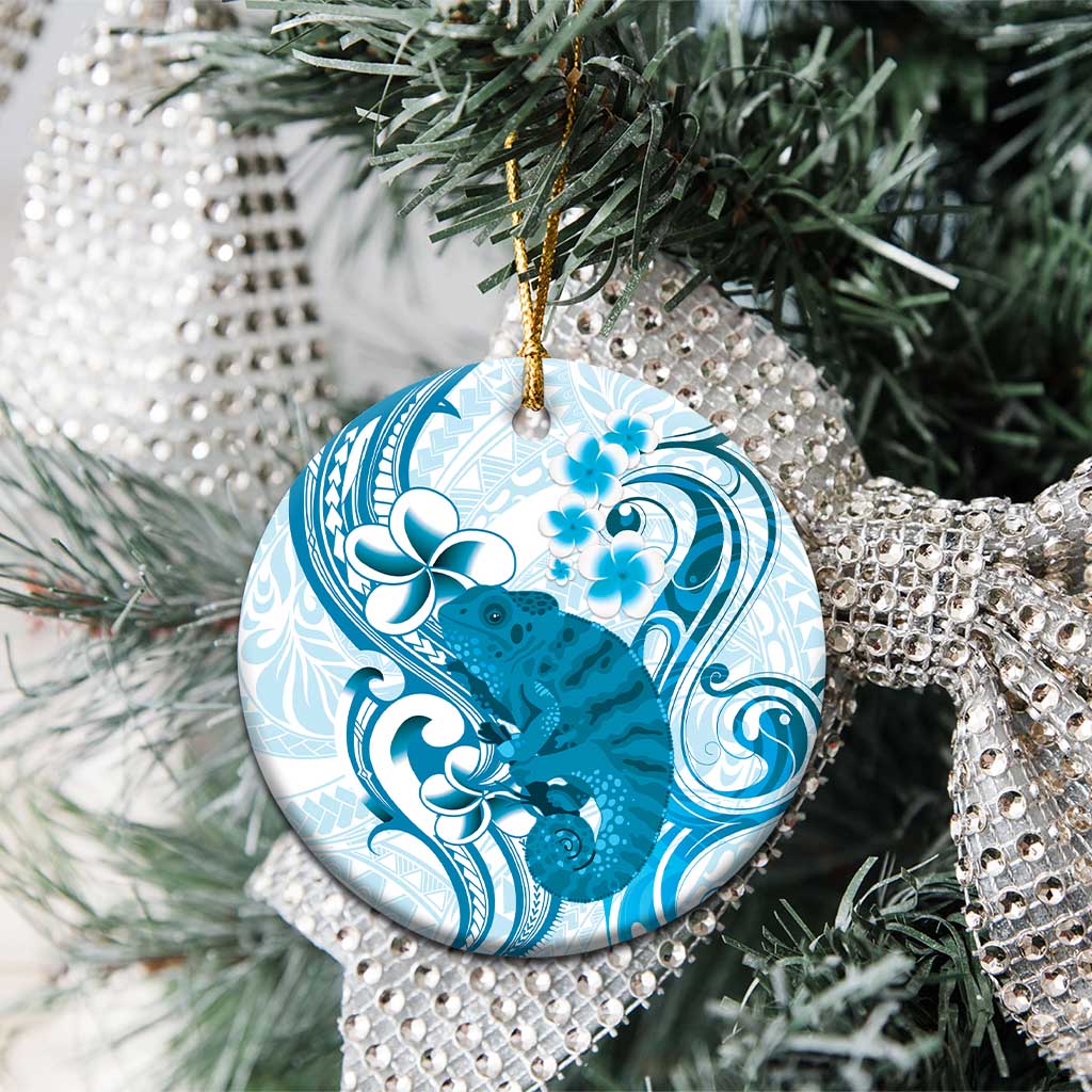 Cyan And White Hawaii Chameleon Ceramic Ornament Plumeria Polynesian Tribal Art LT14 - Polynesian Pride