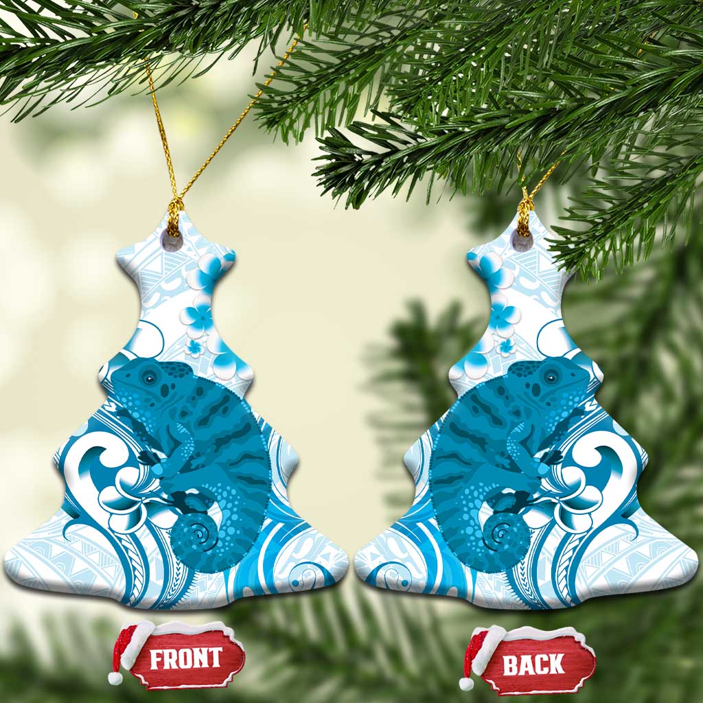 Cyan And White Hawaii Chameleon Ceramic Ornament Plumeria Polynesian Tribal Art LT14 Christmas Tree Cyan - Polynesian Pride