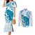 Cyan And White Hawaii Chameleon Couples Matching Mermaid Dress and Long Sleeve Button Shirt Plumeria Polynesian Tribal Art