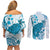 Cyan And White Hawaii Chameleon Couples Matching Off Shoulder Short Dress and Long Sleeve Button Shirt Plumeria Polynesian Tribal Art