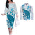 Cyan And White Hawaii Chameleon Couples Matching Off The Shoulder Long Sleeve Dress and Long Sleeve Button Shirt Plumeria Polynesian Tribal Art