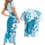 Cyan And White Hawaii Chameleon Couples Matching Short Sleeve Bodycon Dress and Hawaiian Shirt Plumeria Polynesian Tribal Art