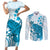 Cyan And White Hawaii Chameleon Couples Matching Short Sleeve Bodycon Dress and Long Sleeve Button Shirt Plumeria Polynesian Tribal Art