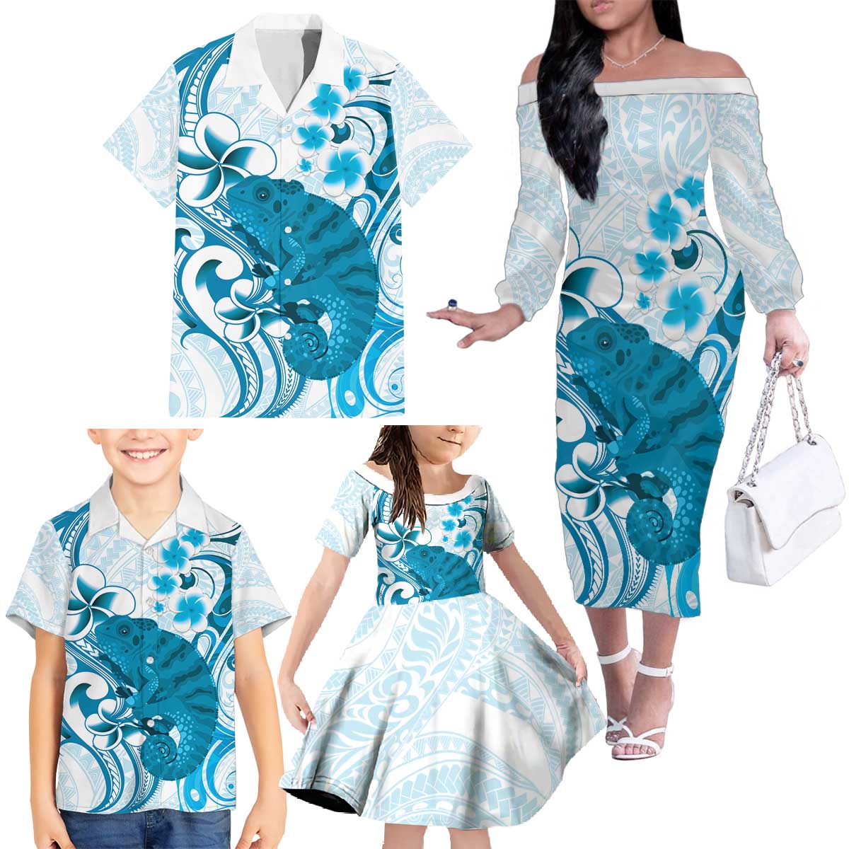 Cyan And White Hawaii Chameleon Family Matching Off The Shoulder Long Sleeve Dress and Hawaiian Shirt Plumeria Polynesian Tribal Art