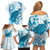 Cyan And White Hawaii Chameleon Family Matching Off Shoulder Short Dress and Hawaiian Shirt Plumeria Polynesian Tribal Art