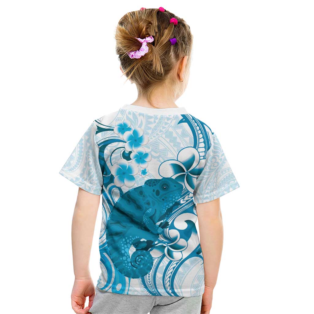 Cyan And White Hawaii Chameleon Kid T Shirt Plumeria Polynesian Tribal Art LT14 - Polynesian Pride