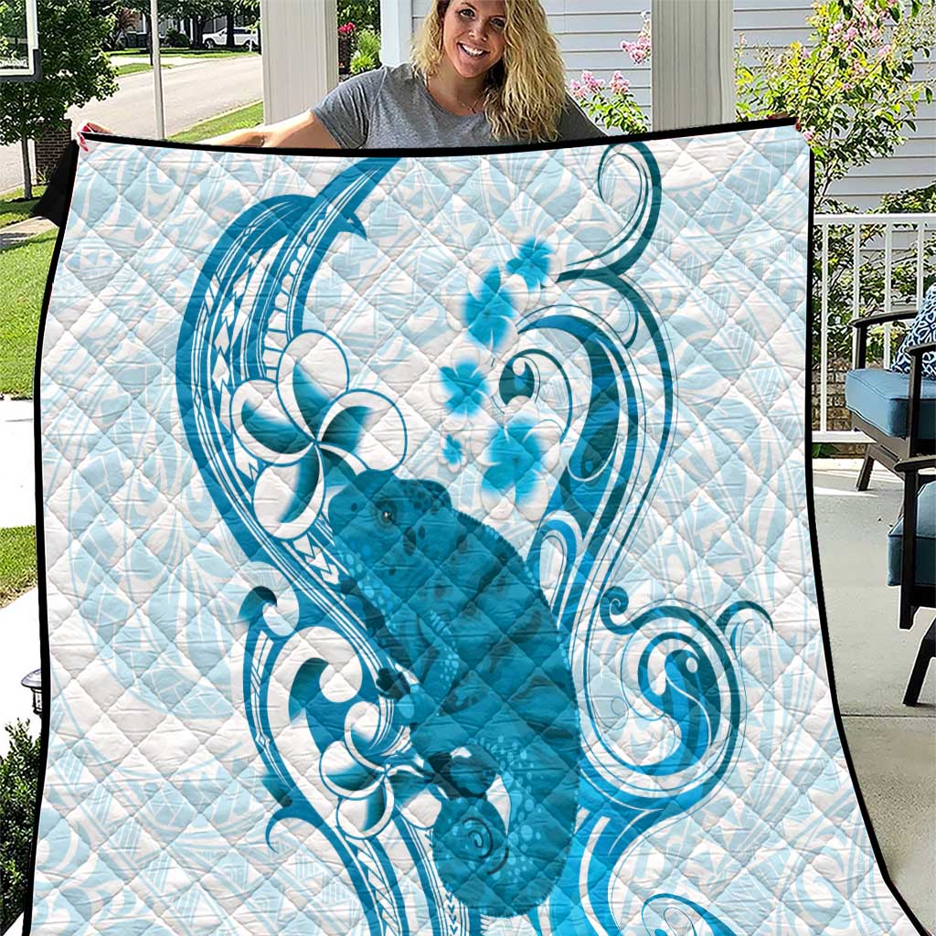 Cyan And White Hawaii Chameleon Quilt Plumeria Polynesian Tribal Art LT14 Cyan - Polynesian Pride