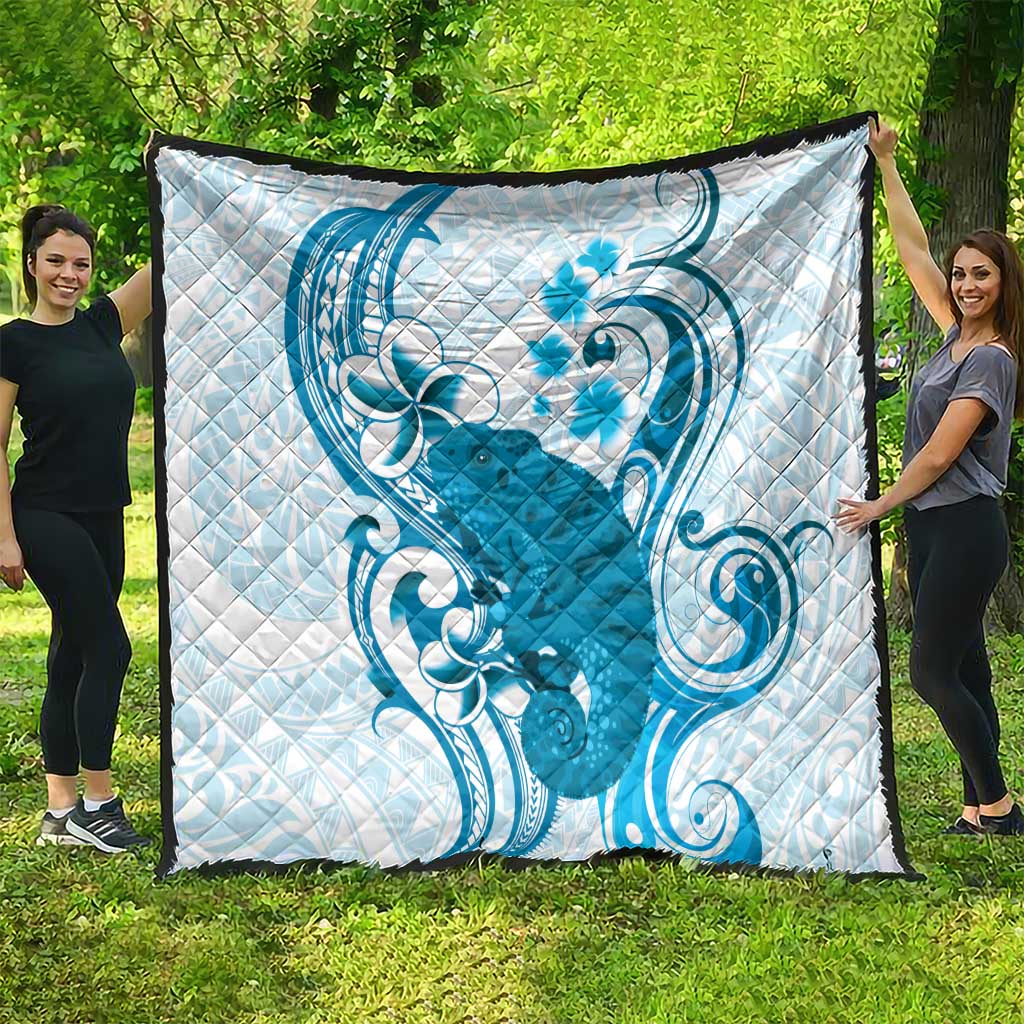 Cyan And White Hawaii Chameleon Quilt Plumeria Polynesian Tribal Art LT14 - Polynesian Pride