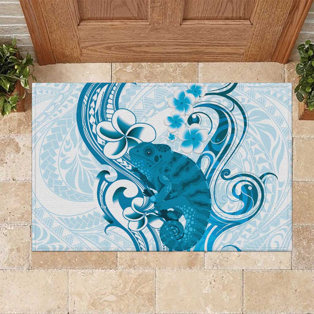 Cyan And White Hawaii Chameleon Rubber Doormat Plumeria Polynesian Tribal Art LT14 Cyan - Polynesian Pride