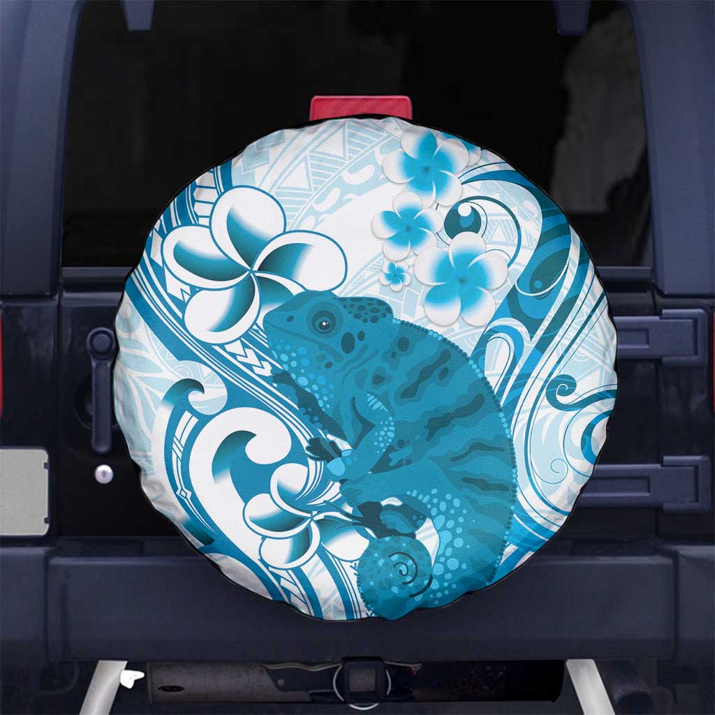 Cyan And White Hawaii Chameleon Spare Tire Cover Plumeria Polynesian Tribal Art LT14 - Polynesian Pride