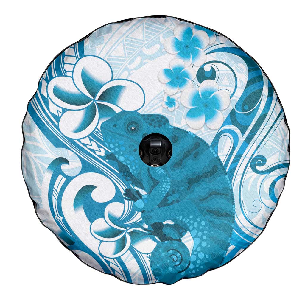 Cyan And White Hawaii Chameleon Spare Tire Cover Plumeria Polynesian Tribal Art LT14 - Polynesian Pride