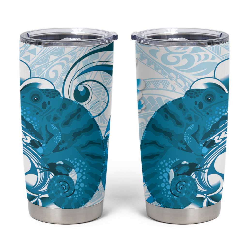 Cyan And White Hawaii Chameleon Tumbler Cup Plumeria Polynesian Tribal Art LT14 Cyan - Polynesian Pride