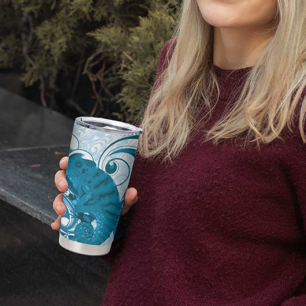 Cyan And White Hawaii Chameleon Tumbler Cup Plumeria Polynesian Tribal Art LT14 - Polynesian Pride