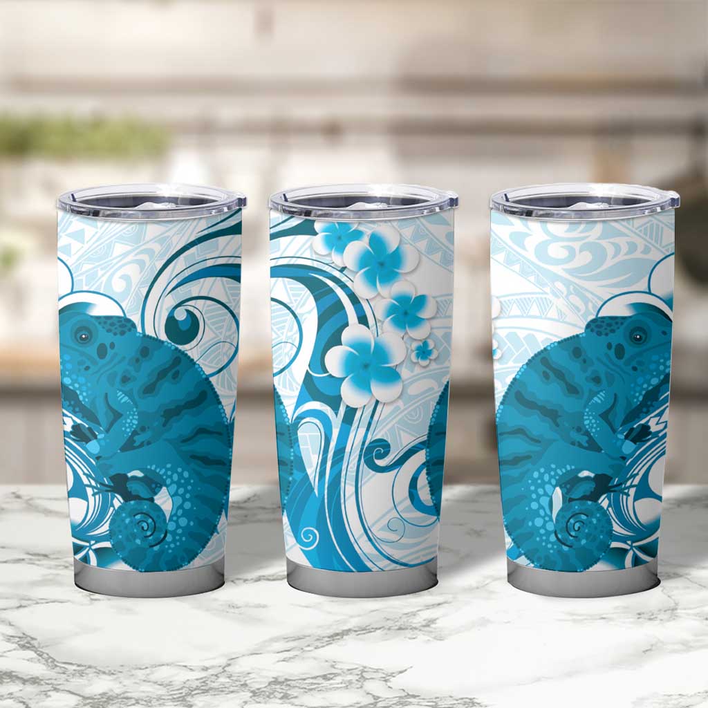 Cyan And White Hawaii Chameleon Tumbler Cup Plumeria Polynesian Tribal Art LT14 - Polynesian Pride