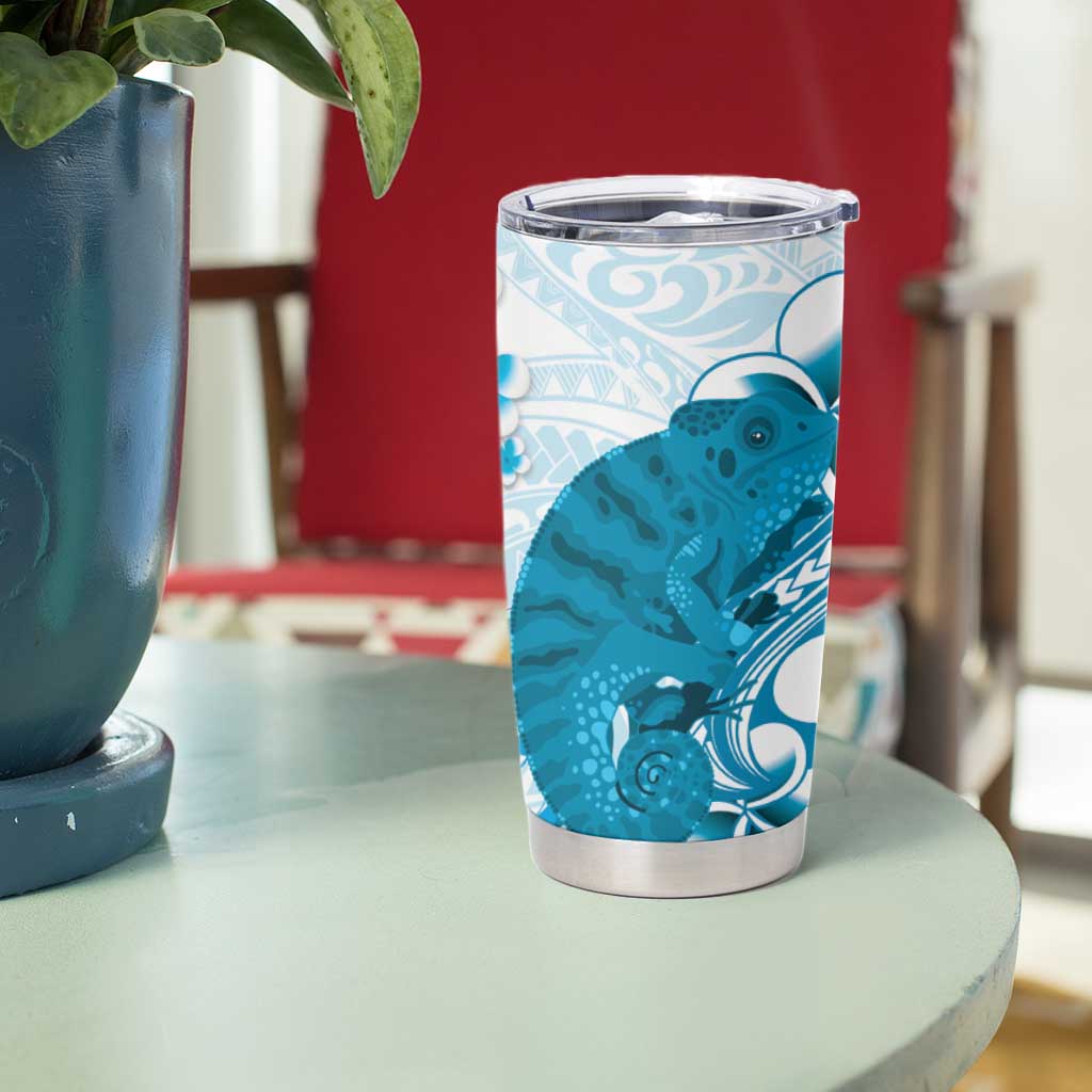 Cyan And White Hawaii Chameleon Tumbler Cup Plumeria Polynesian Tribal Art LT14 - Polynesian Pride